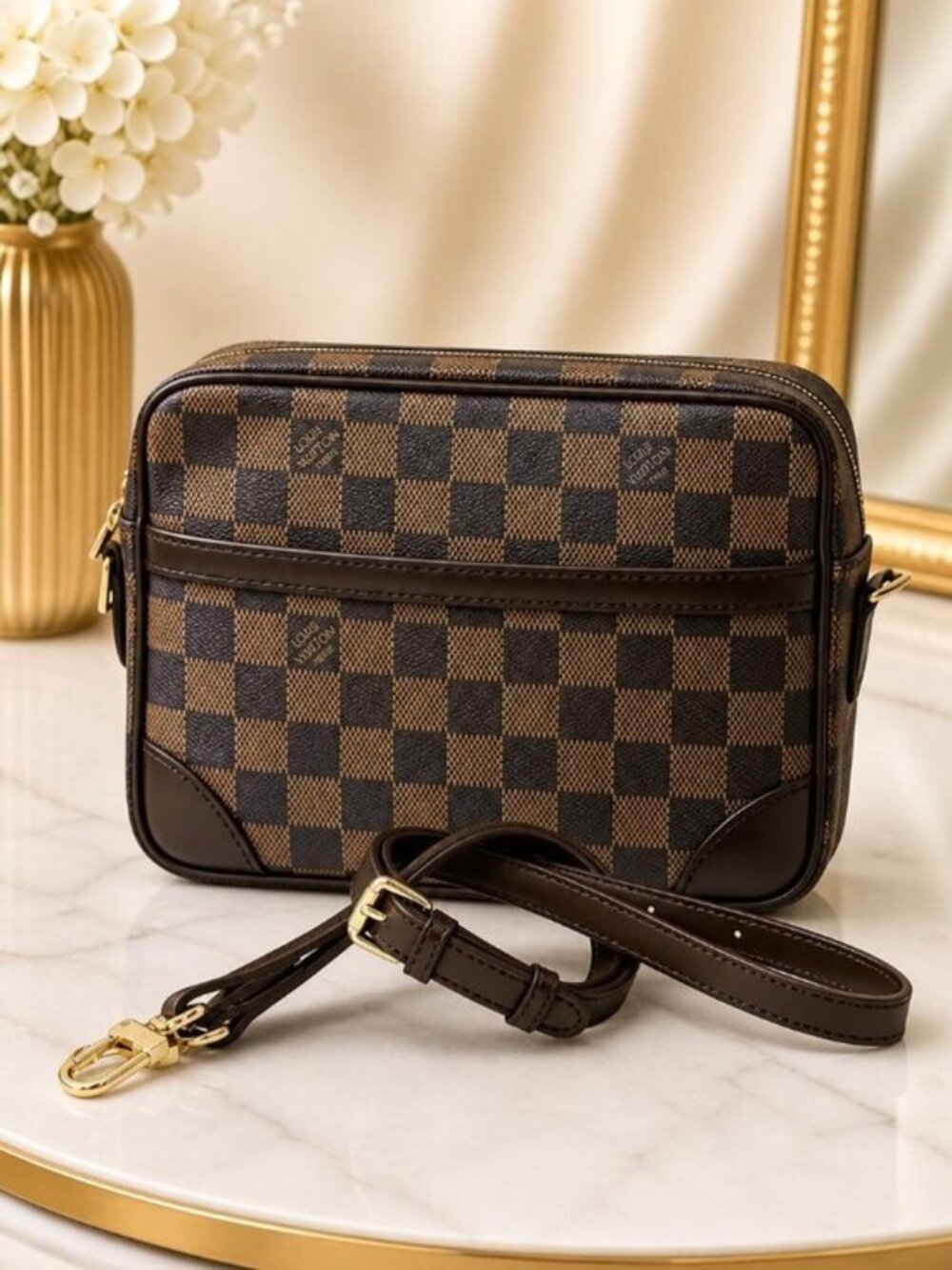 Authentic Louis Vuitton Trocadero 24 Damier Ebene Crossbody Bag Brown Canvas LV